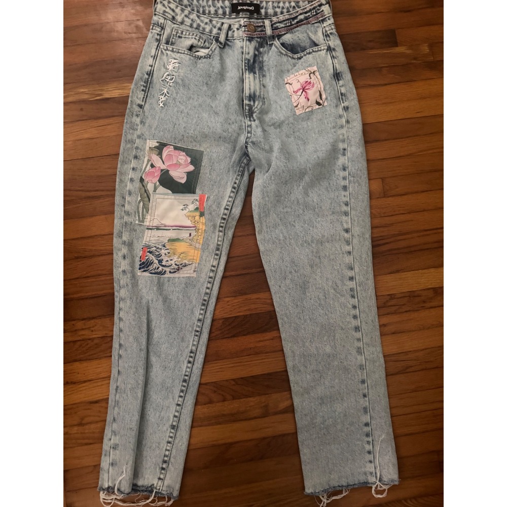 Desigual Womens Light Wash Patchwork Straight Leg Jeans Japanese Graphic Art 28